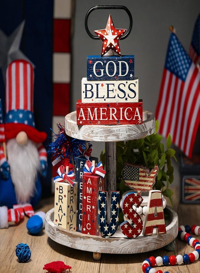 FoldTier 11 Pcs 4th of July Decoration Memorial Day Table Sign Patriotic Tiered Tray Decorations Wooden Faux Book Stack Firework Sign Independence Day Tabletop Centerpieces for Home Tables - Image 4