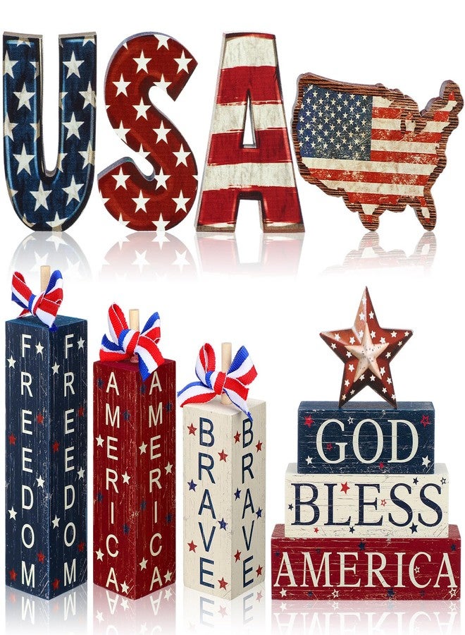 FoldTier 11 Pcs 4th of July Decoration Memorial Day Table Sign Patriotic Tiered Tray Decorations Wooden Faux Book Stack Firework Sign Independence Day Tabletop Centerpieces for Home Tables - Image 1