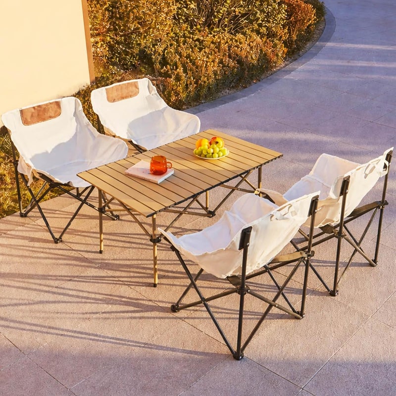 Hompenny 5Pcs Camping Chair Set, Foldable Camping Table & Chair with Side Pocket, Carry Bag, Ideal for Patio, Garden, Living Room (White, 95×55×50cm) - Image 1