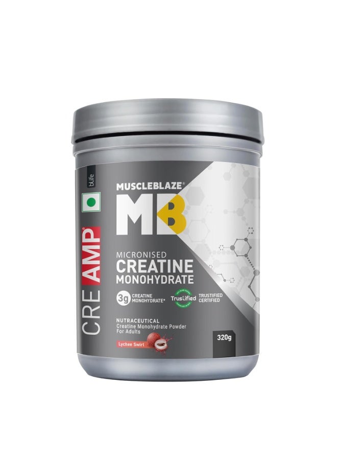 MuscleBlaze Micronised Creatine Monohydrate CreAMP Powder, Lychee Swirl (80 Servings, 320g) | Trustified Certified Creatine - Image 1