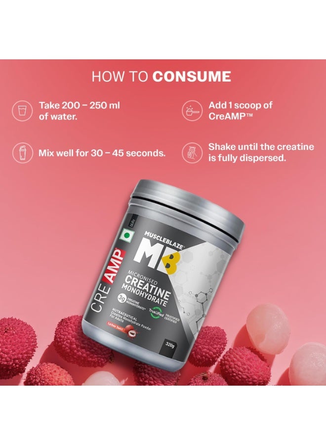 MuscleBlaze Micronised Creatine Monohydrate CreAMP Powder, Lychee Swirl (80 Servings, 320g) | Trustified Certified Creatine - Image 2