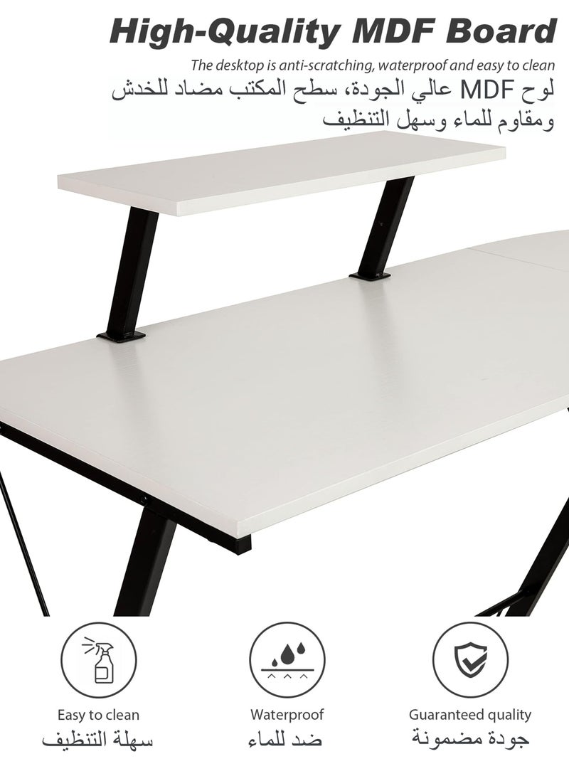 ويمارت طاولة قيمنق مكتب كمبيوتر طاولة على شكل حرف L،مكتب زاوية مع حامل شاشة،طاولة مكتب مناسب للمنزل والمكتب والسكن الجامعي،أبيض - Image 3