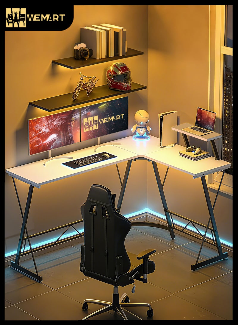 ويمارت طاولة قيمنق مكتب كمبيوتر طاولة على شكل حرف L،مكتب زاوية مع حامل شاشة،طاولة مكتب مناسب للمنزل والمكتب والسكن الجامعي،أبيض - Image 1