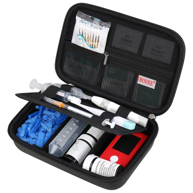 BOVKE Diabetic Supplies Travel Case Storage Bag for Diabetes Testing Kit Glucose Meter Insulin Pens Test Strips Lancets Syringe Needles and Other Diabetic Supplies Carrying Case Black