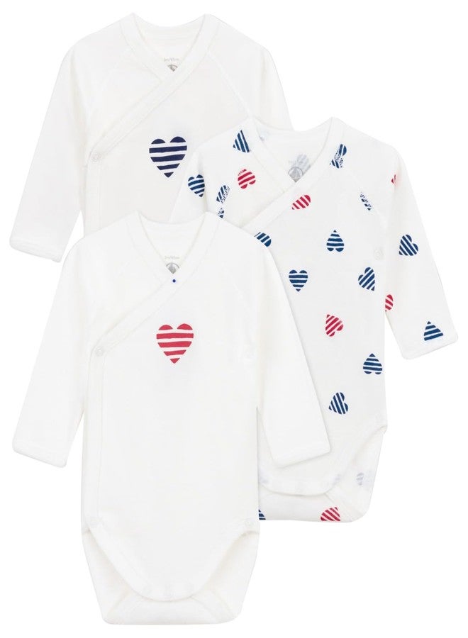 بيتي باتو ملابس داخلية قطنية للبنات من Petit Bateau Babies بأكمام طويلة ونقشة قلوب مخططة - عبوة من 3 قطع، مقاسات من 1 إلى 18 شهرًا (6 أشهر، نقشة قلوب مخططة). - Image 1