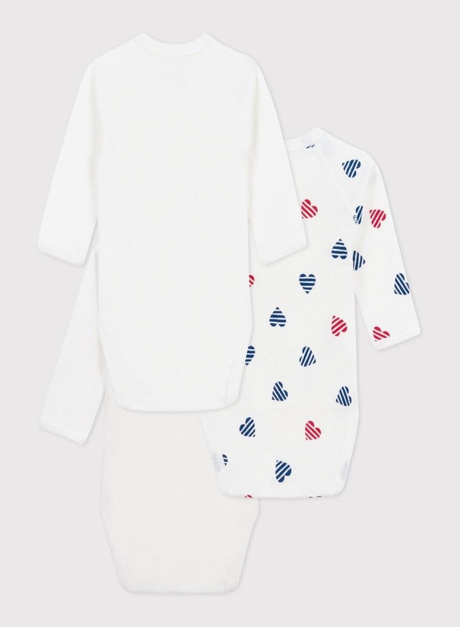 بيتي باتو ملابس داخلية قطنية للبنات من Petit Bateau Babies بأكمام طويلة ونقشة قلوب مخططة - عبوة من 3 قطع، مقاسات من 1 إلى 18 شهرًا (6 أشهر، نقشة قلوب مخططة). - Image 2