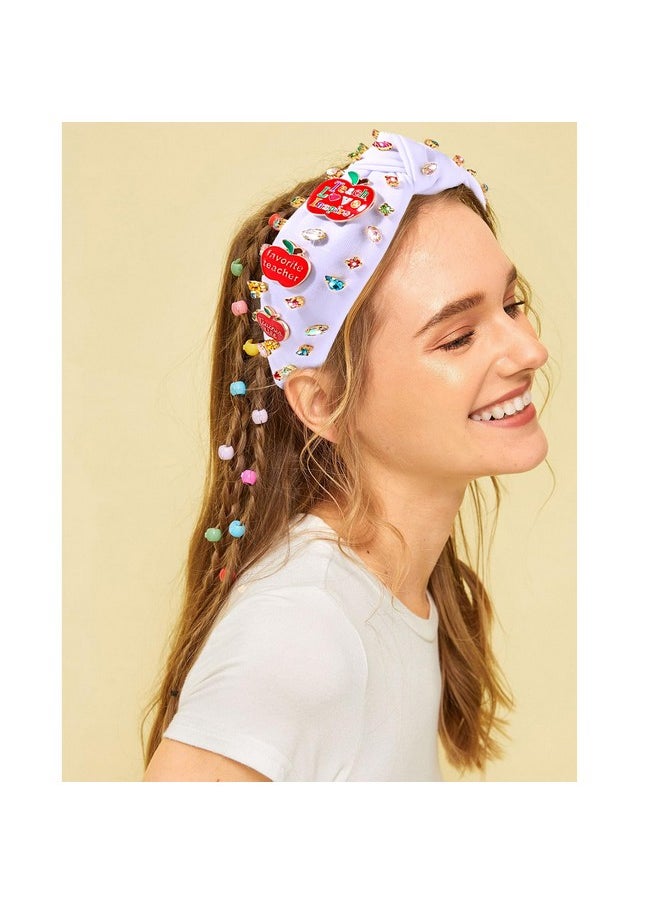 CEALXHENY - Teacher Headband Teacher Accessories Crystal Pearl Knotted Headband For Women Cute Book Pencil Teach Charms Embellished Jeweled Top Knot Headband Teacher Appreciation Gifts (Pattern A) - Image 1