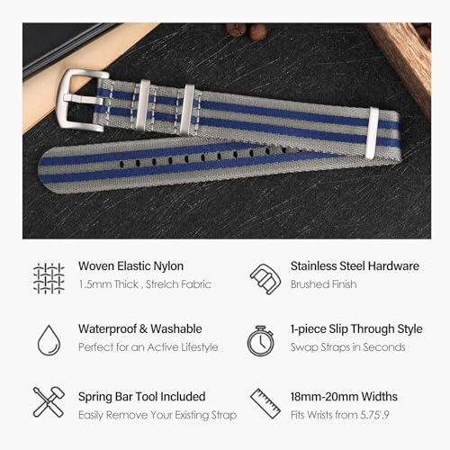watchdives Nylon Watch Band 18mm 20mm 22mm Multicolor Replacement Watch Straps for Men Women (Gray Blue, 20mm) - Image 3