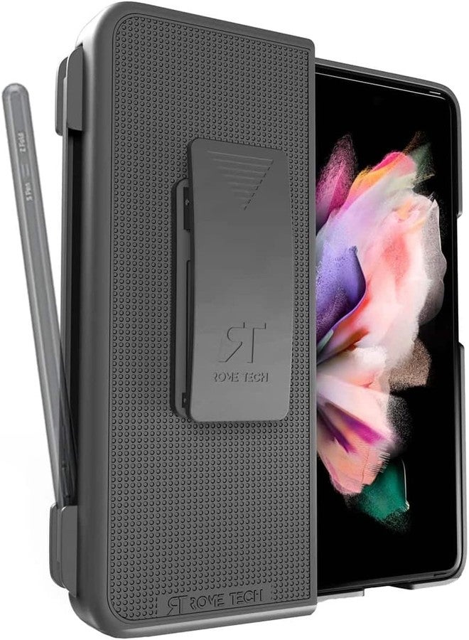 Rome Tech Belt Clip Holster Case with Pen Holder for Galaxy Z Fold 3 5G [SM-F926] Heavy Duty Rugged Slide Phone Cover for Samsung Z Fold 3 Case with Pen Holder - Black - Image 1