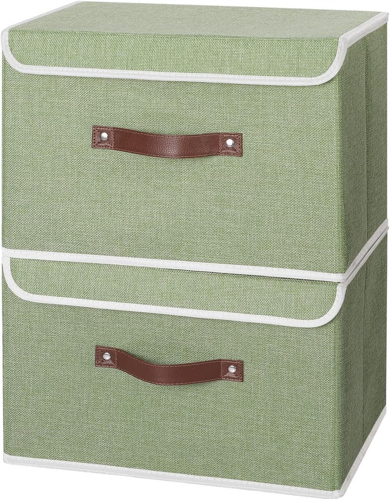 ANMINY 2PCS Storage Bins with Lid PU Leather Handles Storage Boxes PP Plastic Board Decorative Foldable Lidded Cotton Linen Fabric Home Cubes Baskets Closet Organizer Containers - Green, Large Size - Image 2