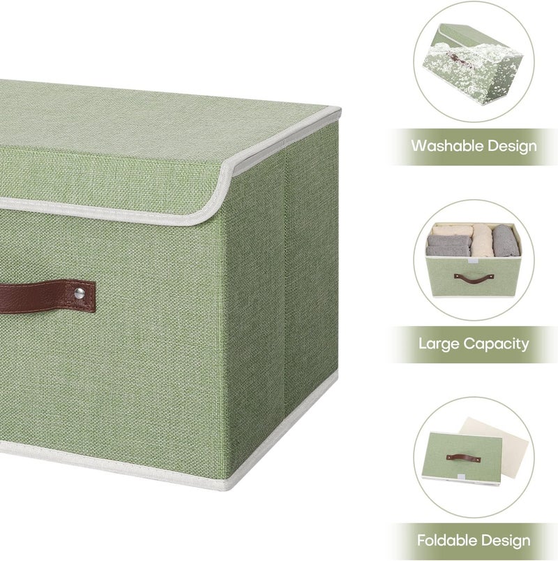 ANMINY 2PCS Storage Bins with Lid PU Leather Handles Storage Boxes PP Plastic Board Decorative Foldable Lidded Cotton Linen Fabric Home Cubes Baskets Closet Organizer Containers - Green, Large Size - Image 4