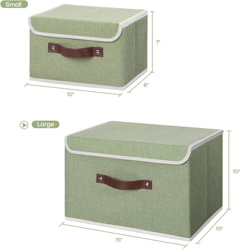 ANMINY 2PCS Storage Bins with Lid PU Leather Handles Storage Boxes PP Plastic Board Decorative Foldable Lidded Cotton Linen Fabric Home Cubes Baskets Closet Organizer Containers - Green, Large Size - Image 5