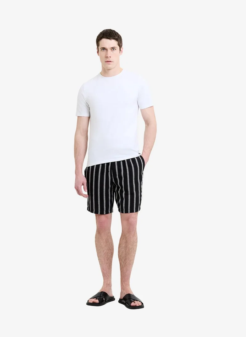 Men's Black and White Striped Drawstring Shorts