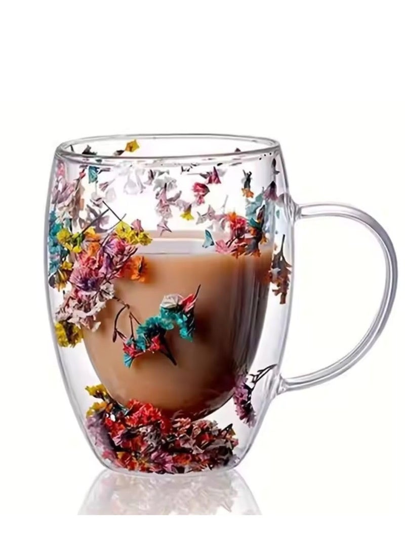 Set of 4 Transparent Flower Glass Cups – 350ml Double Wall Borosilicate Mugs with Dried Floral Design for Coffee, Tea, Gifts & Home Décor - Image 1