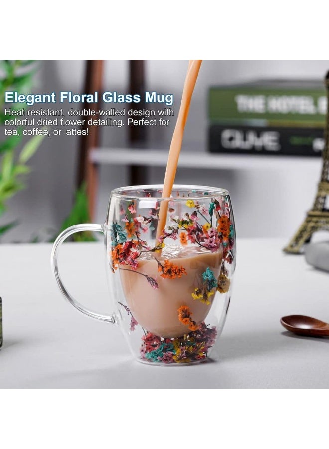 Set of 4 Transparent Flower Glass Cups – 350ml Double Wall Borosilicate Mugs with Dried Floral Design for Coffee, Tea, Gifts & Home Décor - Image 2