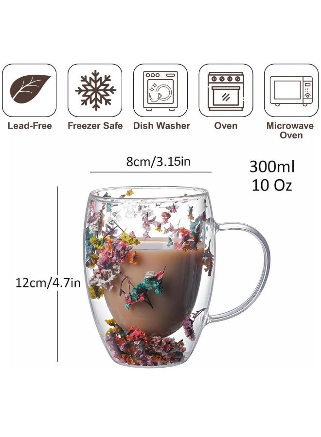 Set of 4 Transparent Flower Glass Cups – 350ml Double Wall Borosilicate Mugs with Dried Floral Design for Coffee, Tea, Gifts & Home Décor - Image 3