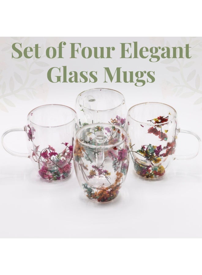 Set of 4 Transparent Flower Glass Cups – 350ml Double Wall Borosilicate Mugs with Dried Floral Design for Coffee, Tea, Gifts & Home Décor - Image 4