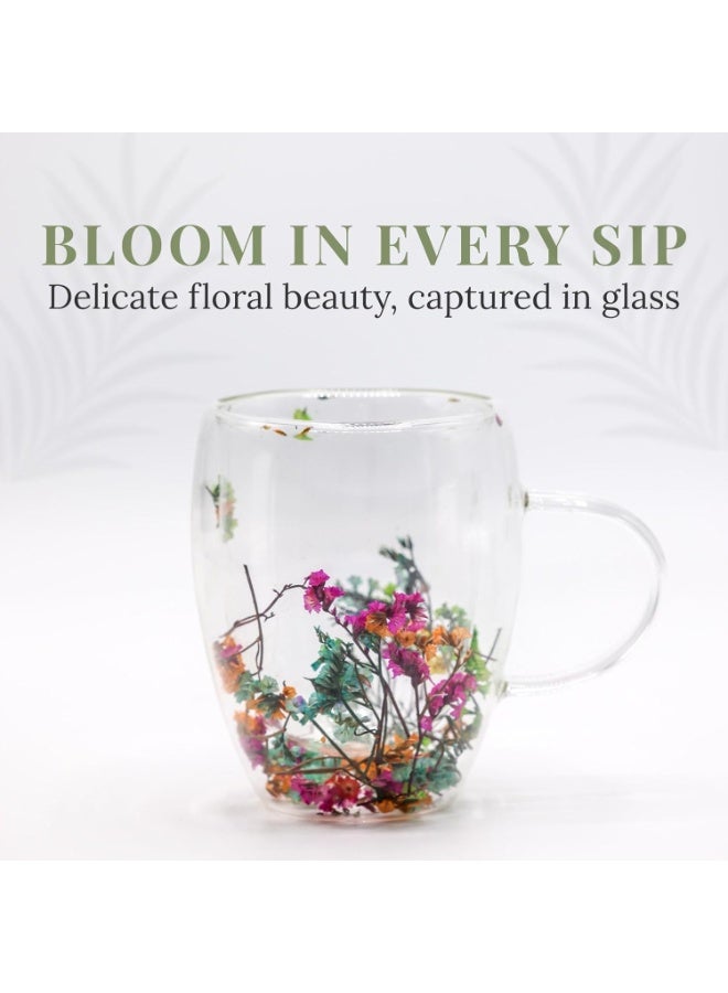 Set of 4 Transparent Flower Glass Cups – 350ml Double Wall Borosilicate Mugs with Dried Floral Design for Coffee, Tea, Gifts & Home Décor - Image 5