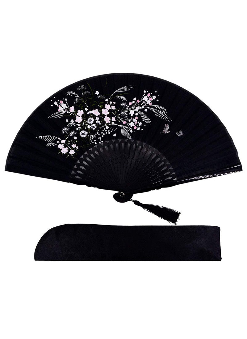 Amajiji Amajiji 82721cm Hand Held Bamboo Silk Folding Fan Hand FanChineseJapanese Charming Elegant Vintage Retro StyleWomen Ladys Girls Best Gifts Black1 