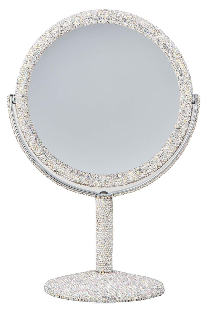 TISHAA مرآة مكياج تيشا الفاخرة - مرآة مزدوجة الجوانب مزينة بالكريستال والخرز اللامع محمولة للمكتب والحمام وغرفة النوم (2X تكبير) - Image 3