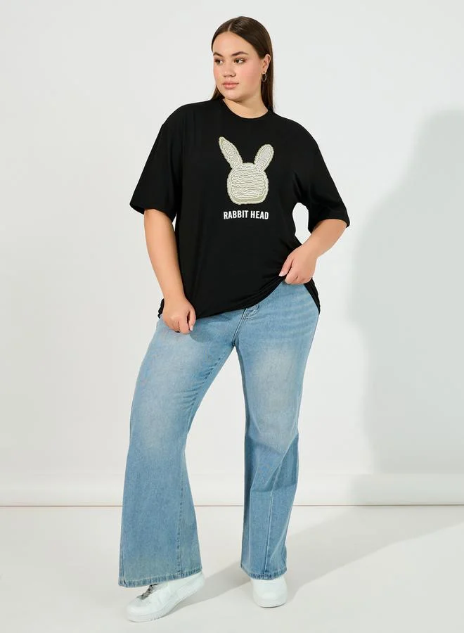 Styli Plus Size Rabbit Graphic Print Oversized T-Shirt