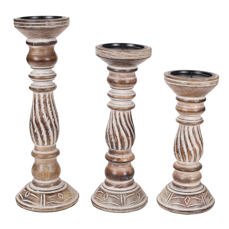 Winlay Wooden Candle Holders Set of 3, (Colour - Natural Finish, Size -14",12",10") Wood Candal Holder, Wooden Candle Holder, Unity Candle Holders, Rounded Turned Colums, Country Style Idle Gift for Wedding - Image 2