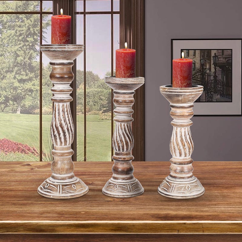 Winlay Wooden Candle Holders Set of 3, (Colour - Natural Finish, Size -14",12",10") Wood Candal Holder, Wooden Candle Holder, Unity Candle Holders, Rounded Turned Colums, Country Style Idle Gift for Wedding - Image 1