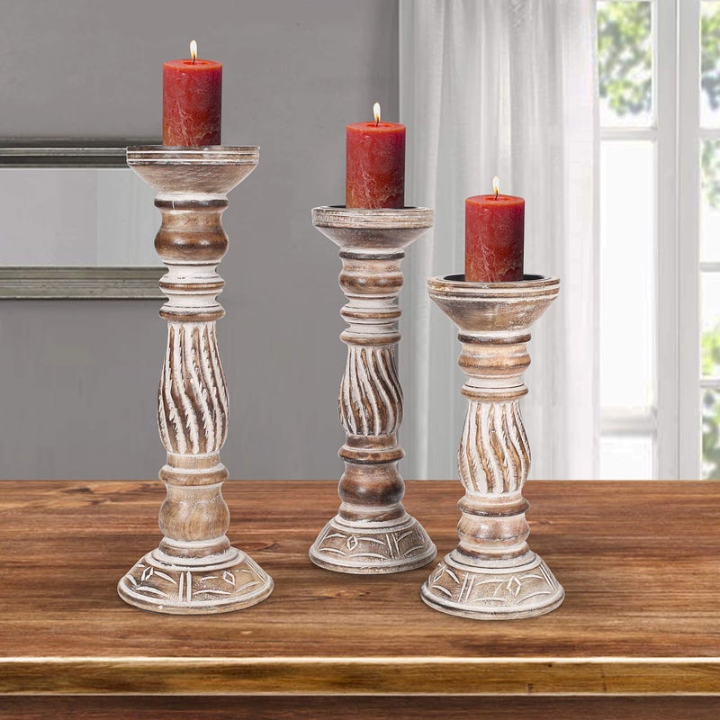 Winlay Wooden Candle Holders Set of 3, (Colour - Natural Finish, Size -14",12",10") Wood Candal Holder, Wooden Candle Holder, Unity Candle Holders, Rounded Turned Colums, Country Style Idle Gift for Wedding - Image 3