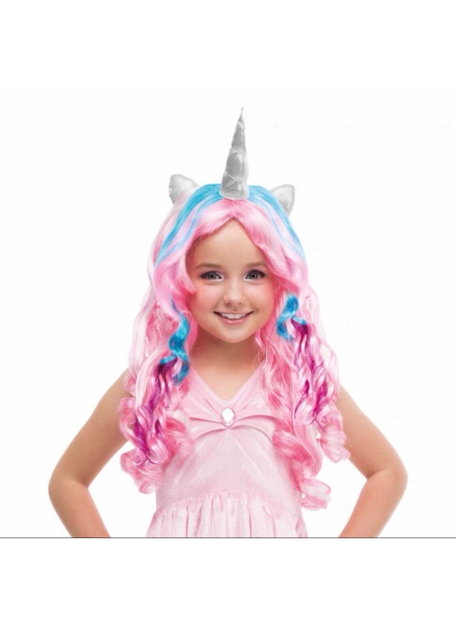 Generic Christmas Halloween Womens Dance Cosplay Princess Cute Unicorn Colorful Rainbow Tail Childrens Wig Pre-Lace Hair Cover Pink Blue Unicorn