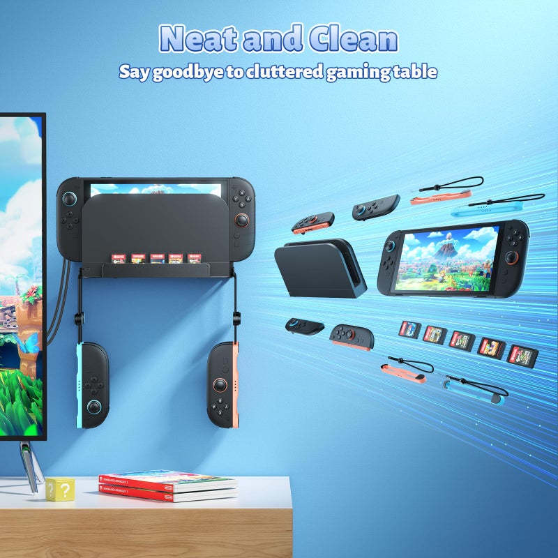 FASTSNAIL [Switch 1/2 Compatible Wall Mount for Nintendo Switch 2, Organizer for Switch 2025, Shelf Base Kit Behind TV, Accessories with 4 Joypad Hooks and 5 Card Slots - Image 4