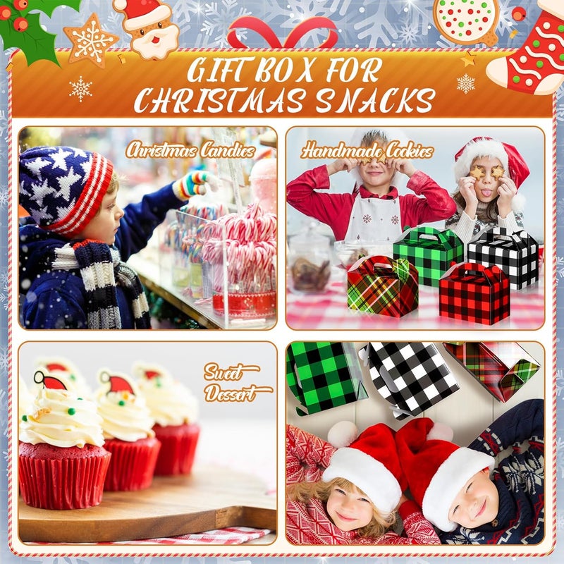 Clabby 24 Pcs Christmas Treat Boxes with Handles 3D Christmas Cookie Gift Boxes Cardboard Goodie Candy Bags Xmas Santa Elf Snowman Elk Gingerbread Holiday Party Favor Supplies, 4 Design(Plaid Style) - Image 5