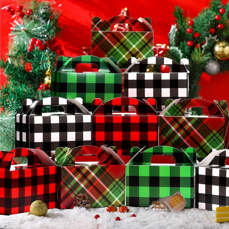 Clabby 24 Pcs Christmas Treat Boxes with Handles 3D Christmas Cookie Gift Boxes Cardboard Goodie Candy Bags Xmas Santa Elf Snowman Elk Gingerbread Holiday Party Favor Supplies, 4 Design(Plaid Style) - Image 4