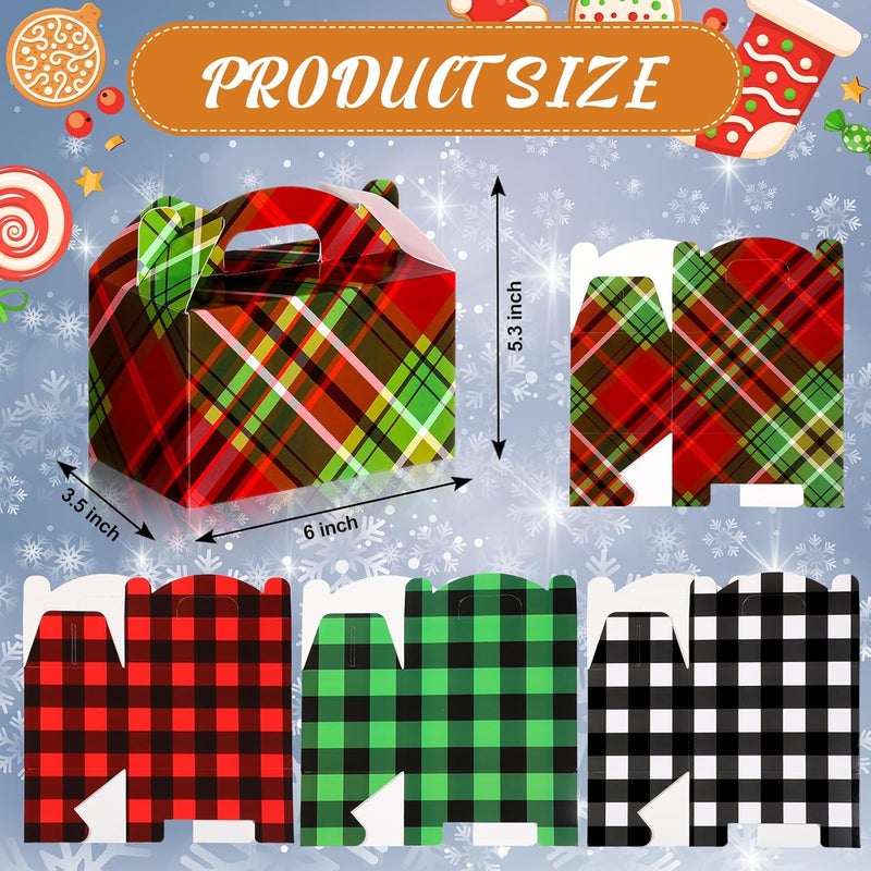 Clabby 24 Pcs Christmas Treat Boxes with Handles 3D Christmas Cookie Gift Boxes Cardboard Goodie Candy Bags Xmas Santa Elf Snowman Elk Gingerbread Holiday Party Favor Supplies, 4 Design(Plaid Style) - Image 2