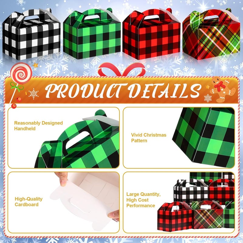Clabby 24 Pcs Christmas Treat Boxes with Handles 3D Christmas Cookie Gift Boxes Cardboard Goodie Candy Bags Xmas Santa Elf Snowman Elk Gingerbread Holiday Party Favor Supplies, 4 Design(Plaid Style) - Image 3