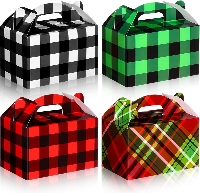 Clabby 24 Pcs Christmas Treat Boxes with Handles 3D Christmas Cookie Gift Boxes Cardboard Goodie Candy Bags Xmas Santa Elf Snowman Elk Gingerbread Holiday Party Favor Supplies, 4 Design(Plaid Style) - Image 1
