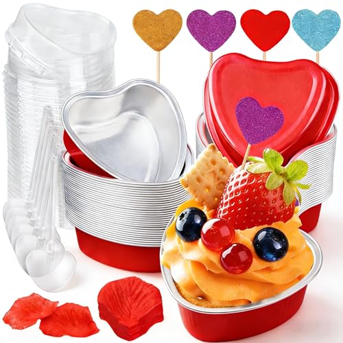 IELEK Heart Shaped Cake Pans Valentines Aluminum Mini Cake Pans with Lids for Baking 36 Packs 3.4 Ounces Disposable Cupcake Cup Cake Pan Baking Supplies for Valentine Wedding Mother's Day Birthday - Image 1