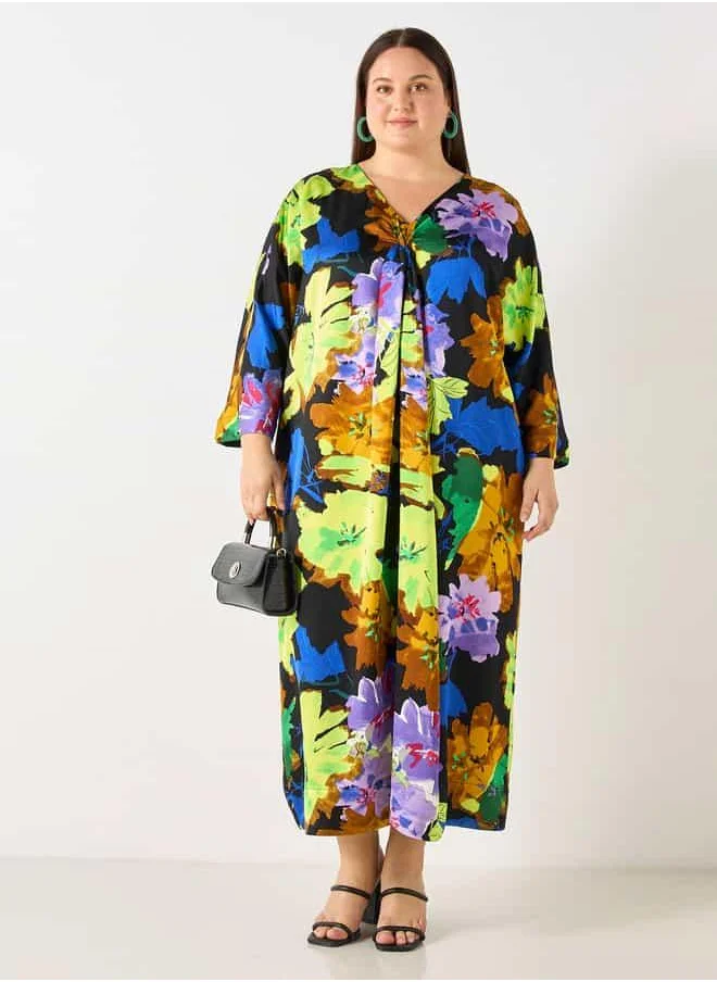 Ulla Popken Plus Size Ulla Popken Floral Print Kaftan Dress with Pockets