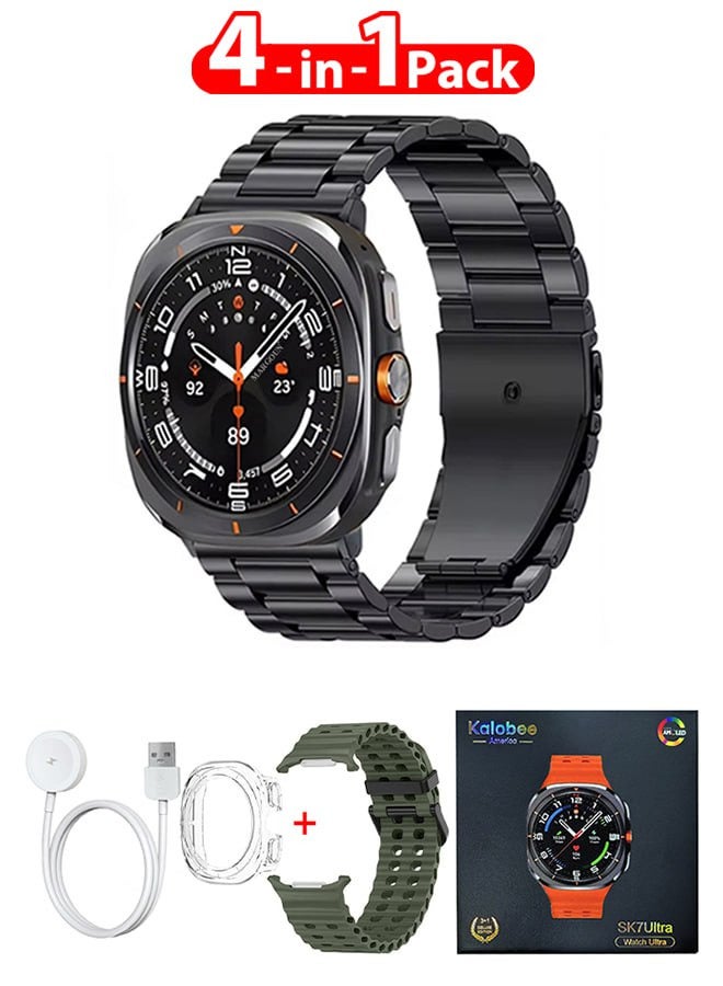 Kalobee حزمة ساعة SK7 الذكية الفائقة مع ملحقات تشمل 1 حزام من الفولاذ المقاوم للصدأ الأسود 1 حزام من السيليكون الأخضر الزيتوني وكابل شحن وحافظة واقية من TPU - Image 1