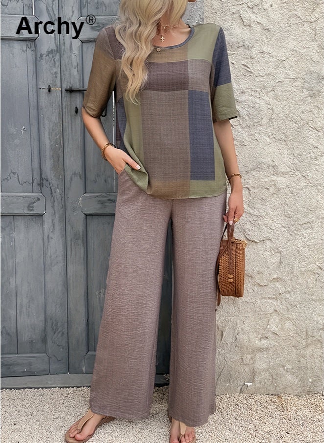 طقم صيفي كاجوال نسائي: بلوزة مرقعة بطبعة هندسية +...