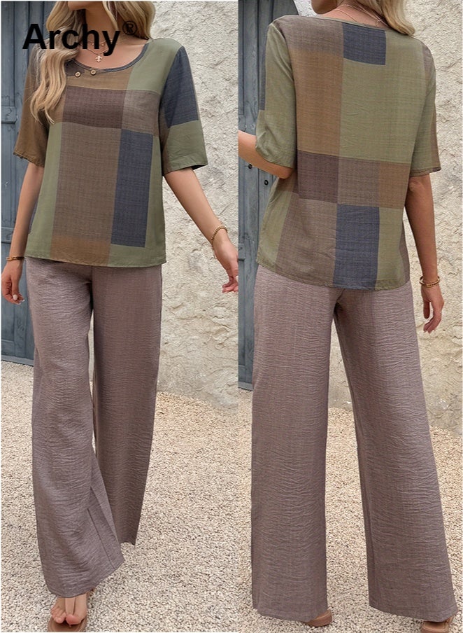 طقم صيفي كاجوال نسائي: بلوزة مرقعة بطبعة هندسية +...