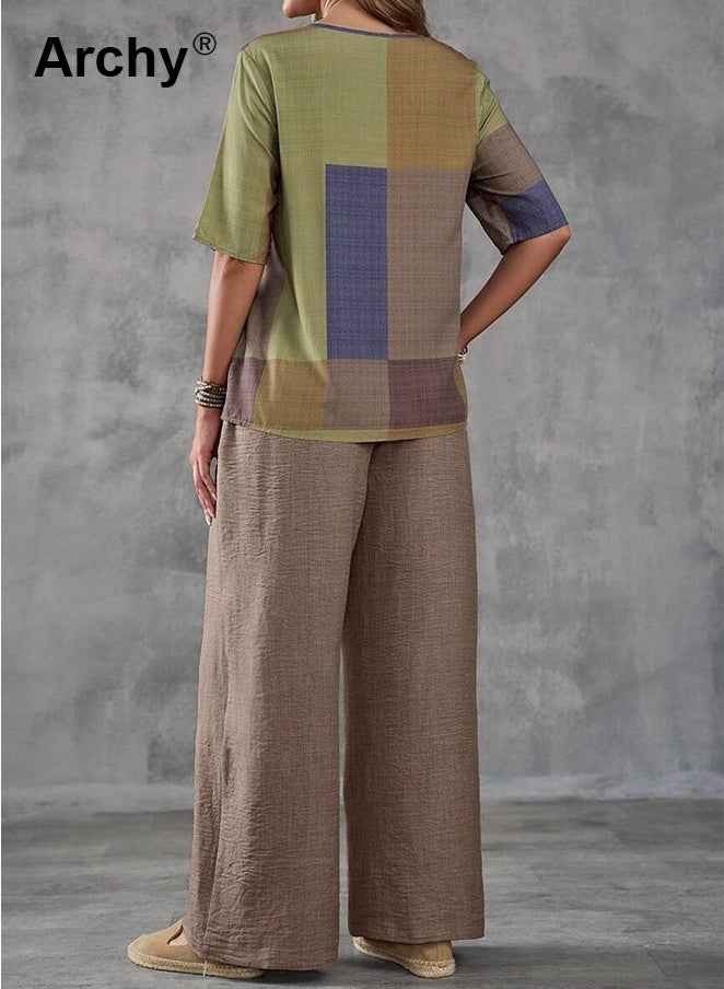 Archy Women's Summer Casual Set: Geometric Print Patchwork Top + Solid Wide-Leg Pants, Loose 2-Piece Outfit  - Image 2