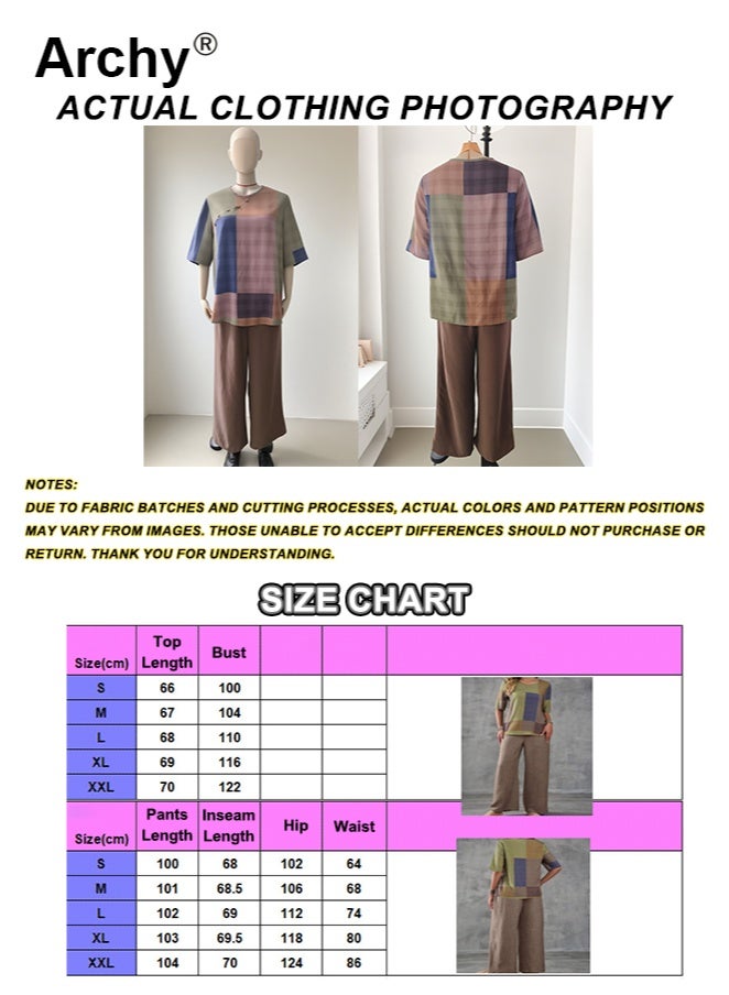 Archy Women's Summer Casual Set: Geometric Print Patchwork Top + Solid Wide-Leg Pants, Loose 2-Piece Outfit  - Image 4