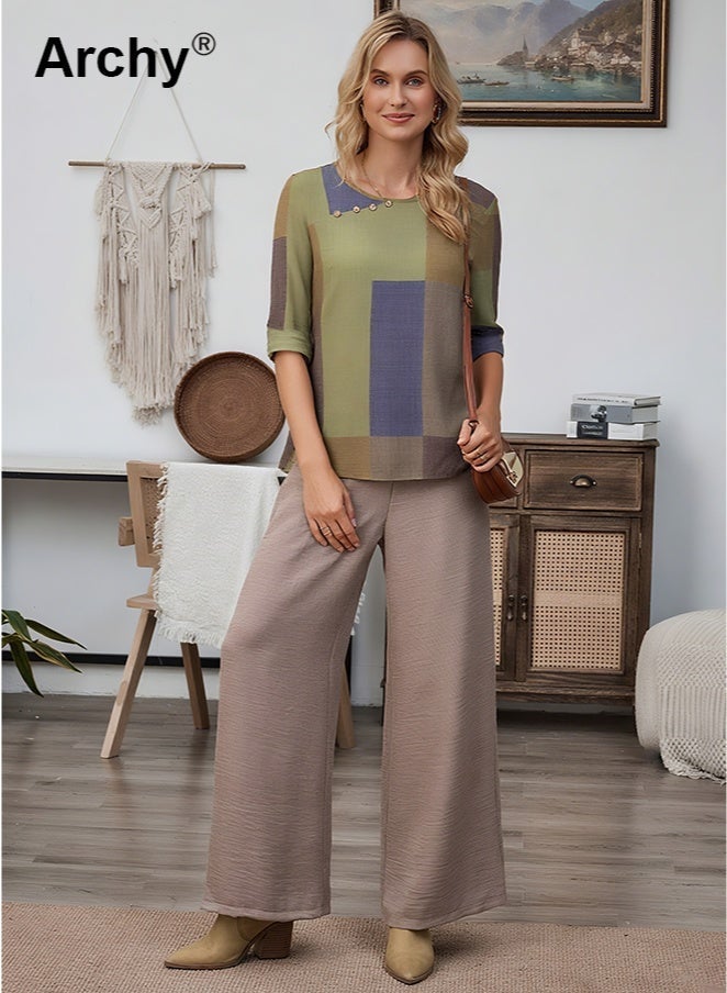 Archy Women's Summer Casual Set: Geometric Print Patchwork Top + Solid Wide-Leg Pants, Loose 2-Piece Outfit - Image 1