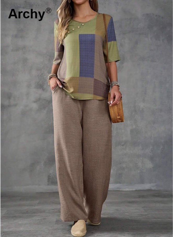 Archy Women's Summer Casual Set: Geometric Print Patchwork Top + Solid Wide-Leg Pants, Loose 2-Piece Outfit - Image 4