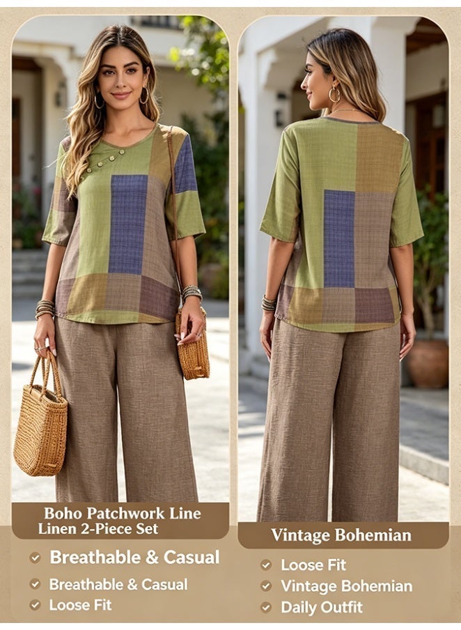 Archy Women's Summer Casual Set: Geometric Print Patchwork Top + Solid Wide-Leg Pants, Loose 2-Piece Outfit - Image 2