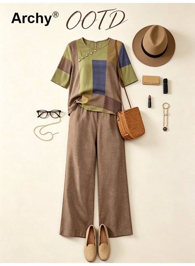 Archy Women's Summer Casual Set: Geometric Print Patchwork Top + Solid Wide-Leg Pants, Loose 2-Piece Outfit - Image 3