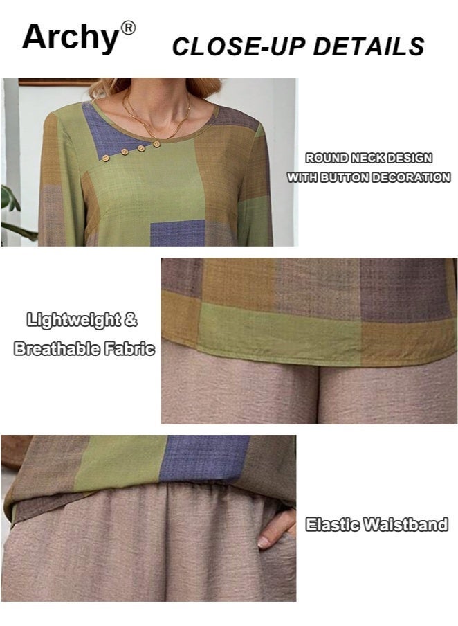 Archy Women's Summer Casual Set: Geometric Print Patchwork Top + Solid Wide-Leg Pants, Loose 2-Piece Outfit - Image 5