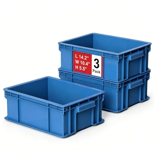 Mudygelay Heavy Duty Storage Bins, 3-Pack Stackable Tool Storage Box for Hardware, Screws, Nuts and Bolts, Space-Saving Straight Wall Container for Garage, Workshop & Factory, 14.2"L x 10.4"W x 5.5"H, Blue - Image 1