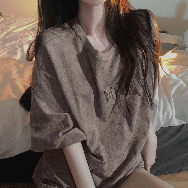 Summer 2023 brown Womens American Style Retro T-shirt Ins Womens Three-dimensional Embossed Loose Large-size Mid-sleeve Top Coffee-Women's T-Shirt