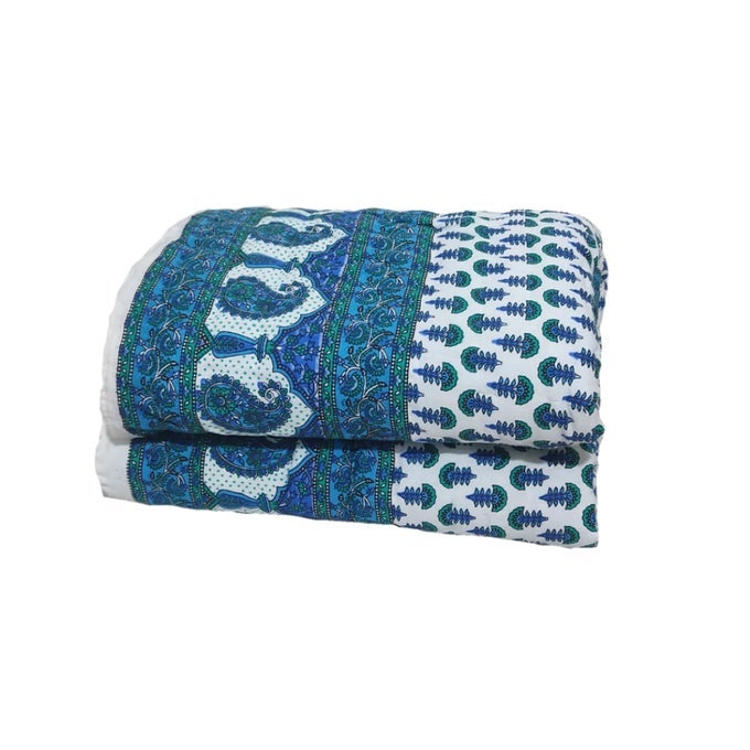 FLORAL PRINTS REVERSIBLE DOUBLE BED COTTON QUILT JAIPURI RAZAI DOUBLE BED FOR HEAVY WINTER BLANKET FOR WINTER 85 X 100 INCH BLUE DOUBLE